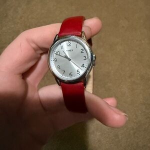Timex Classic Silver Watch with Bold Red Strap